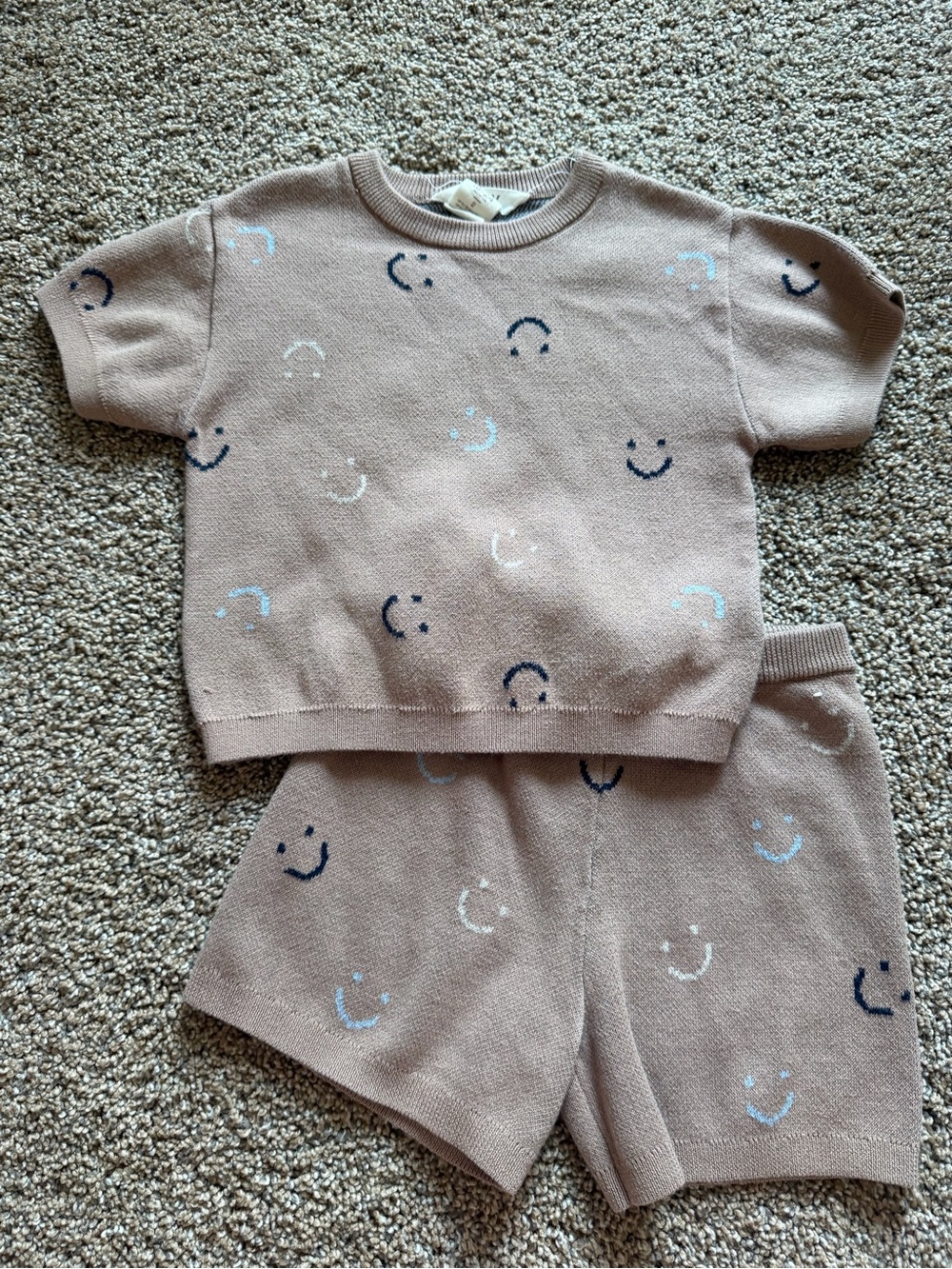 COTTON ON BABY Tan Knit Short Sleeve & Shorts Matching Set with Smiley Face